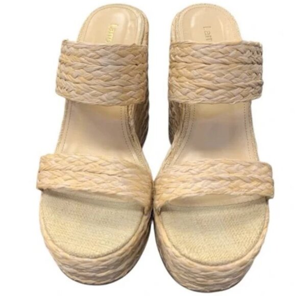 LARROUDE Pamela Wedge Natural Raffia Cushioned Slip-On Sandal Size 7 fits larger - Picture 2 of 11